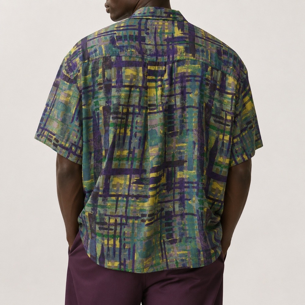 90s Vintage Abstract Print Button Down Shirt Mens S Purple Linen Cotton Relaxed - Picture 3 of 7